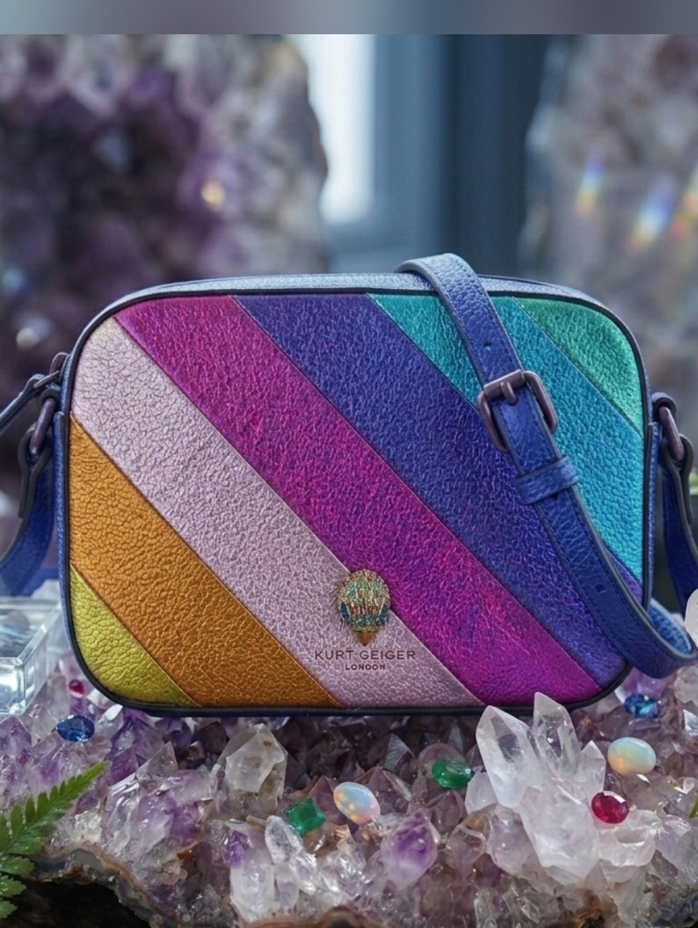 Kurt Geiger Rainbow Diagonal Stripe Leather Crossbody — Blue Strap